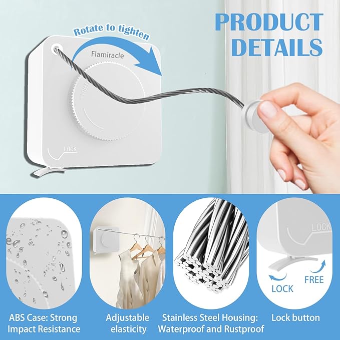 Retractable Clothesline Indoor, Non-Sagging Outdoor Clothes Line Retracting 15.7 Feet Heavy Duty Laundry Line Retractable Wall Mounted Clothes Line Outdoors (Square-White)