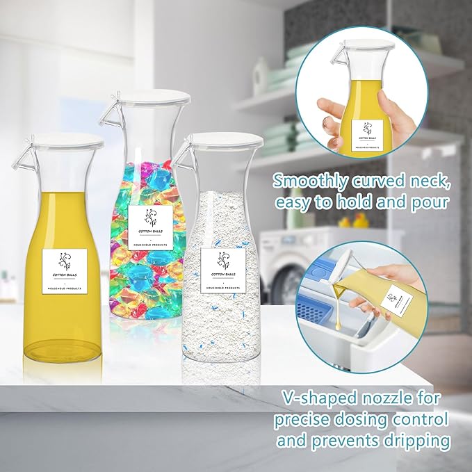 20oz Laundry Detergent Dispenser Containers Bottle 3 Pcs Liquid Laundry Powder Soap Dispenser, Laundry Pod Storage with Labels Fabric Softener Container for Laundry Detergent Storage