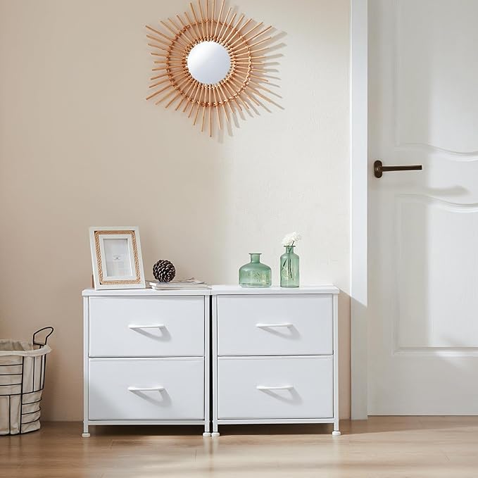 DUMOS Nightstand Small Dresser with 2 Fabric Drawers Side Tables Bedroom End Table Kids Bedside Storage Furniture for 20 inch Tall Night Stand for Closet, Entryway, College Dorm, White(2 Pack)