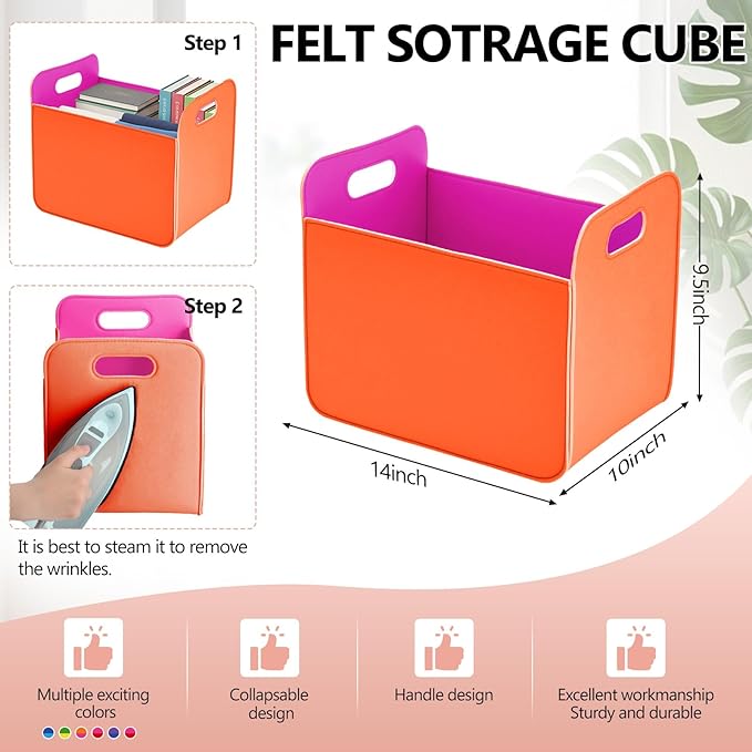 6 Pcs 14x10 Inch Colorful Felt Rectangular Storage Bins Collapsible Storage Basket with Handle for Shelves Closet Bedroom Office Clothes Book Holiday Christmas Stuff Organizer(Rainbow)