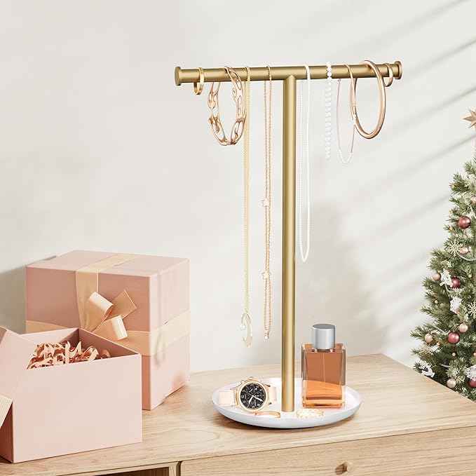 Gold Necklace Organizer Stand with Storage Tray - 12.6" Tall T-Shaped Jewelry Holder Stand for Bracelets, Earrings, Rings | Stylish Home & Vanity Décor for Women.