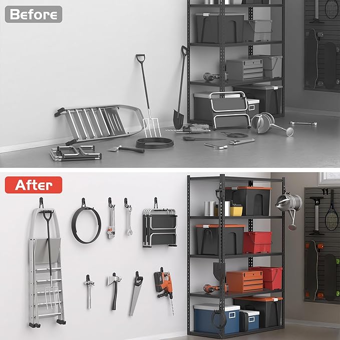 WALMANN 12 PCS Garage Storage Hooks, Wall Mount Utility Hooks for Tools, Ladders, Cords, Folding Chairs, Shovels and Rakes, Shelving Hooks for Keyhole Shelving Units(Black)