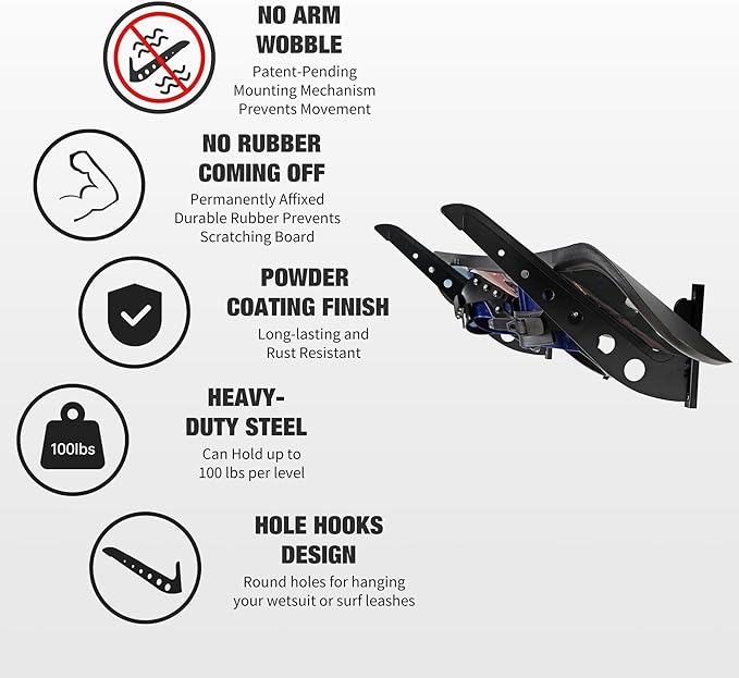 1 Board Surf Rack Wall Mount for Surfboard, Wakeboard, Snowboard Storage Adjustable Wall Hangers Boards Display