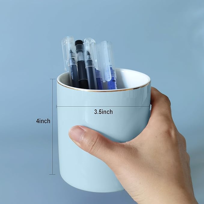 HANKOR Ceramic Pencil Holder for Desk - Cute Gold Trim Pen Aesthetic Makeup Brush Cup Holder Organizer for Desktop Storage Stationery Office Home Supplies (Light Blue)