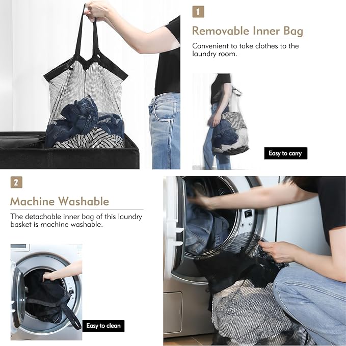 DOKEHOM 150L Double Laundry Basket with Lid and Removable Laundry Bags, Large Collapsible Laundry Hamper with 2 Sections for Bedroom, Bathroom, Laundry Room, Colloge (Black)
