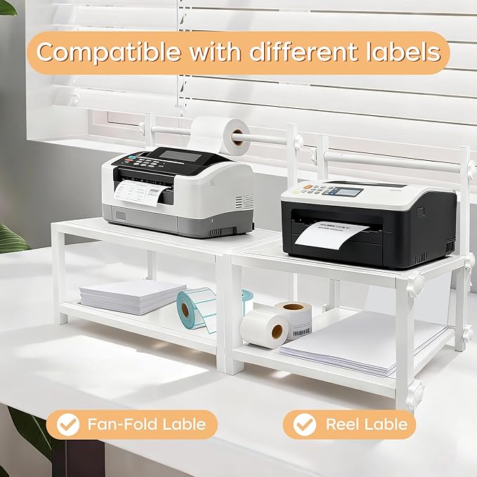 Label Holder Wooden for Rolls & Fan-Fold, Rear Thermal Printer Stand, Shipping Label Organizer for Desktop, Home Office Small Business Use