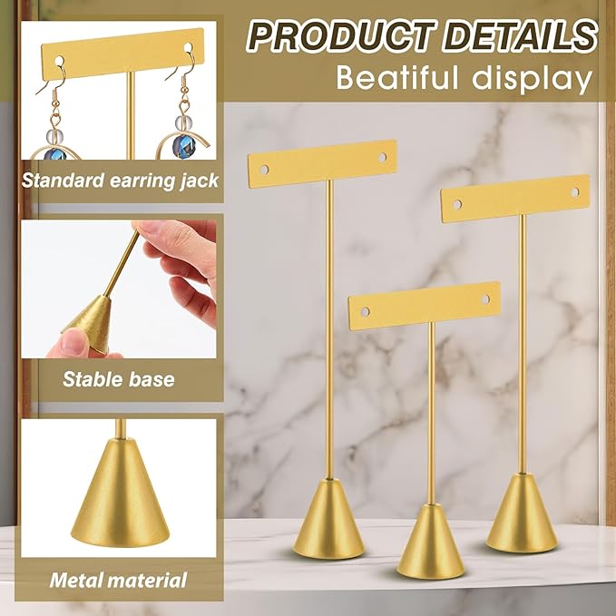 Marsui 12 Pcs Earring Display Set Earring T Bar Display Earring Holders with 3 Heights Earrings Display Stand for Jewelry(Gold)