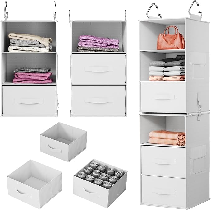 Pipishell 6-Shelf Hanging Closet Organizer, Hanging Shelves with 2 Separable 3-Tier Shelves, Closet Shelves Organizer with 3 Removable Drawers for Bedroom, Dorm Room, Camper and Nursery (White)