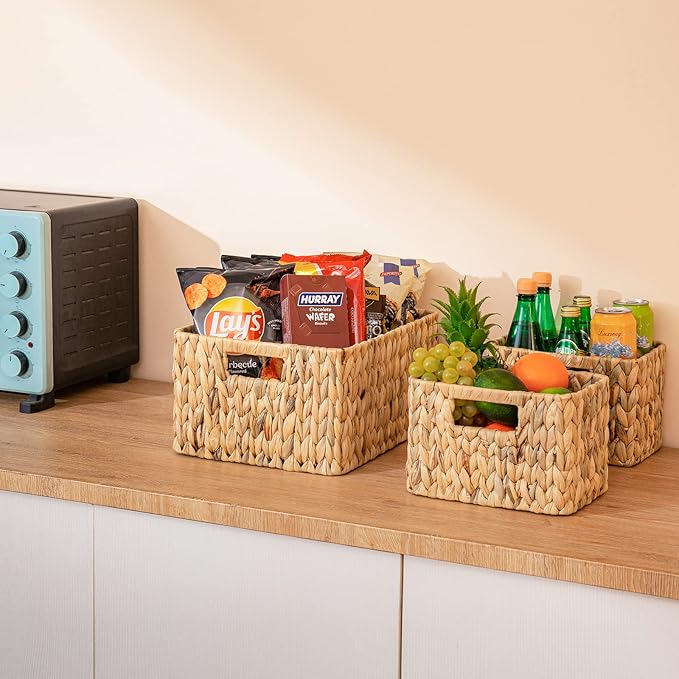 ELONG HOME Wicker Storage Basket, 3 Pack Hand-Knitted Wicker Baskets, Water Hyacinth Storage Baskets with Built-in Handles