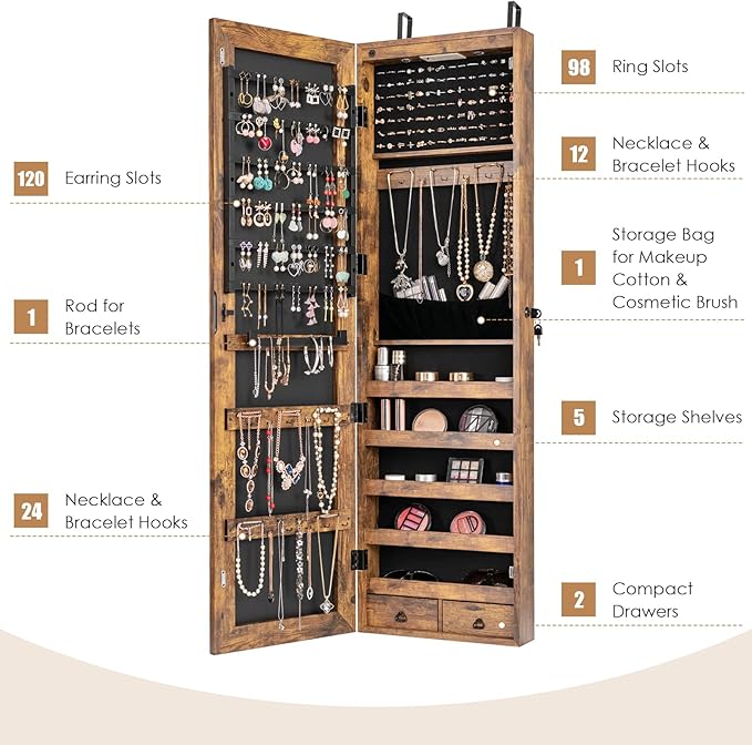 Giantex Wall Door Mounted Jewelry Armoire Cabinet with 47.5" H Full Length Mirror, 2 LEDs Lockable Jewelry Organizer Box with Bracelet Rod, 2 Drawers, Large Storage Capacity (Rustic Brown)