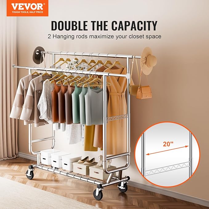 VEVOR Clothes Rack, Rolling Clothing Garment Rack, Extendable Carbon Steel Clothing Racks with Wheels for Bedroom, Laundry, Living Room