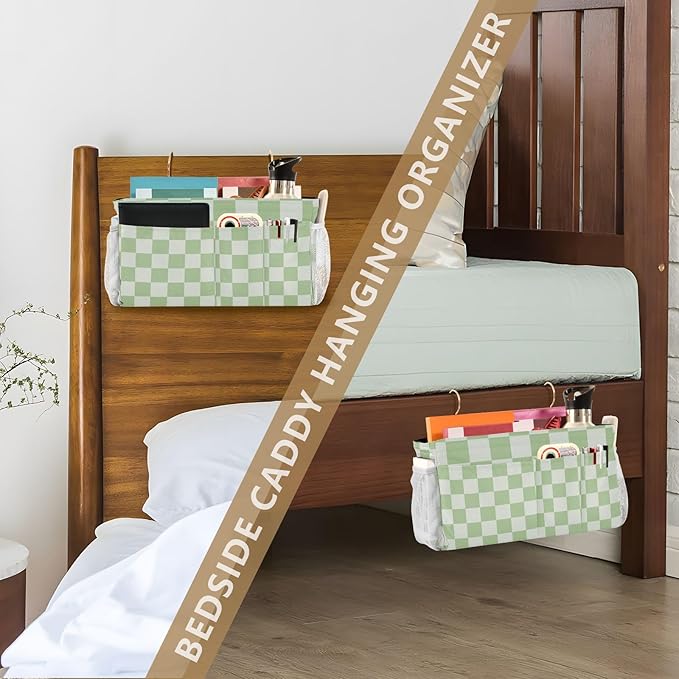 Checkered Mint Green and White Bedside Caddy for Dorm Bed Bedside Hanging Caddy Bag Iron Frame Storage Organizer Pocket for Bunk Home College Hospital Beds 2 Hooks