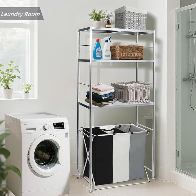 susunnus Stainless Steel Shelf,Kitchen Storage Shelves,Microwave and Mini Fridge Shelf,Laundry Machine Rack,Adjustable Height,Open Lower Tier,Laundry Room, Repository (3tier(31.5 * 15.7 * 66.1in))