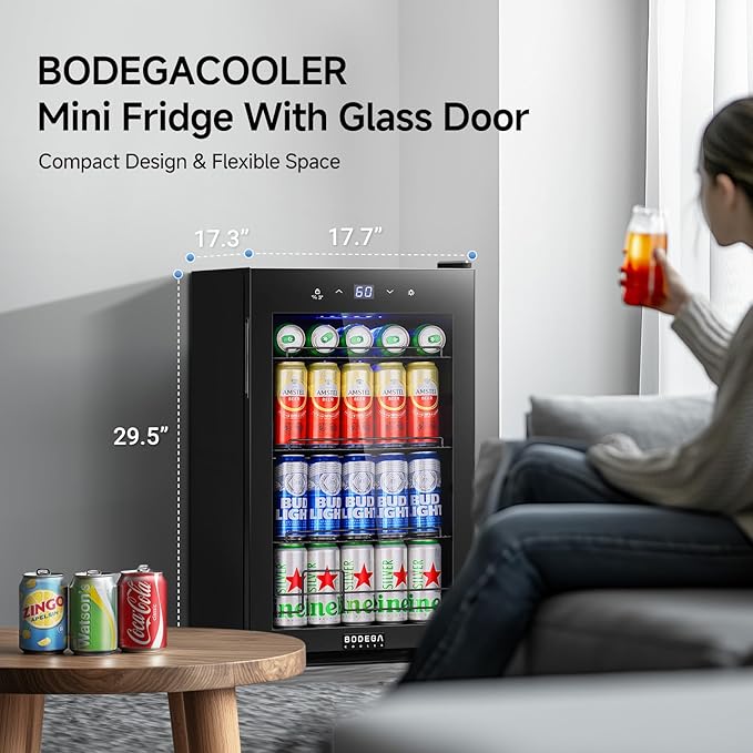 BODEGACOOLER 68L Beverage Refrigerator,120 Cans Tempered Glass Door Beverage Cooler with LED Light and Adjustable Chrome Shelves, for Kitchen Office Bar (17.7"x17.3"x29.5")