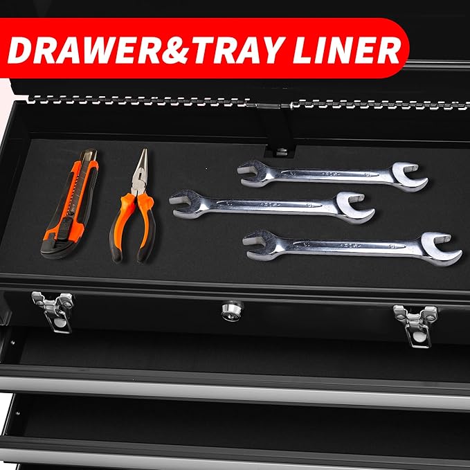 Metal Tool Box with 4 Drawers Portable Steel Tool Chest with Metal Cylinder Lock and Latch Closure, Liner, Powder Coating, Suitable for Garage, Warehouse and Outdoor Repair Job-Black