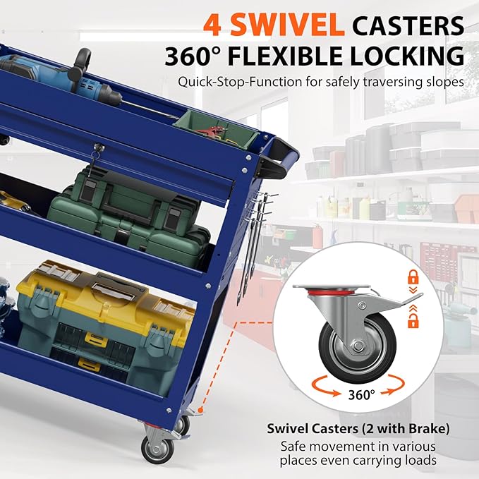3 Tier Rolling Tool Cart with Drawers, Heavy Duty Utility Cart on Wheels, Large Storage Capability Service Cart for Garage, Warehouse and Repair Shop (Deep Blue)
