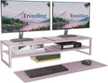 Simple Trending 2 Tier Metal Dual Monitor Stand Riser, Computer Office Desktop Organizer for 2 Monitors with 32"x10" Mouse Pad for Laptop, Printer, TV, Pink