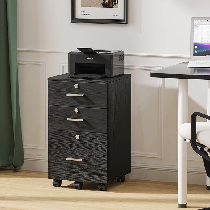 VINGLI 3-Drawer File Cabinet with Lock, Wood Rolling Filing Cabinets for Home Office, Mobile Printer Stand, Under Desk File Organizer for Letter Sized Files, 26" H(Caster Included), Black