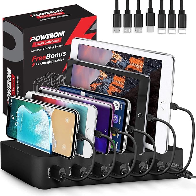 USB Charging Station - 6 Port Universal Charging Station for Multiple Devices - Multi Device Charger Dock - Compatible with Apple, iPad, iPhone, Android Cell Phones, and Tablets - Black