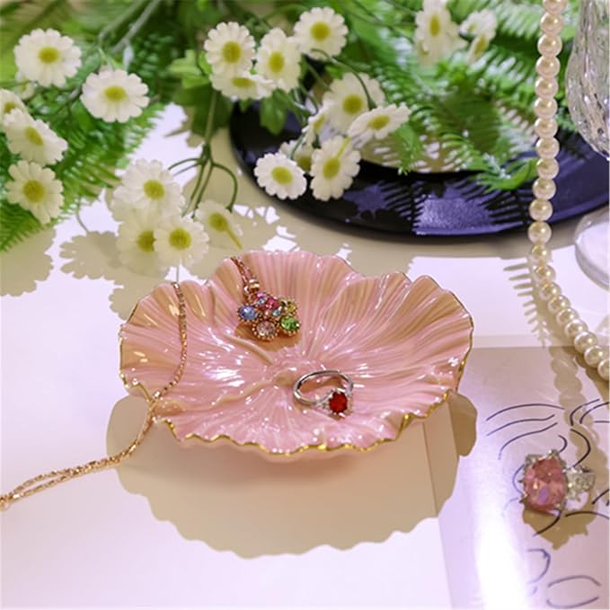 Flower Ring Dish, Ceramic Ring Holder Jewelry Tray Trinket Dish, Fairy Organizer Plate Vanity Decorations, Gifts for Friends Sisters Daughter Mother (Pink)
