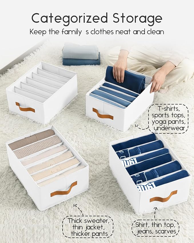 Closet Organizers and Storage - Fabric Clothes Organizer with Handles, Foldable Jeans Organizer for Clothes, Drawer Organizer for Shirts, Bra, Sweater, Scarf, 6 Pack, White