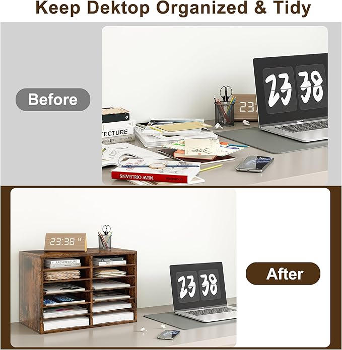 Literature Organizer 12 Slots Wooden Mailboxes for Classroom Office Mail Organizer Countertop Vertical File Sorter with Adjustable Shelves Heavy Duty Office Mailbox Cubbies, Rustic Brown