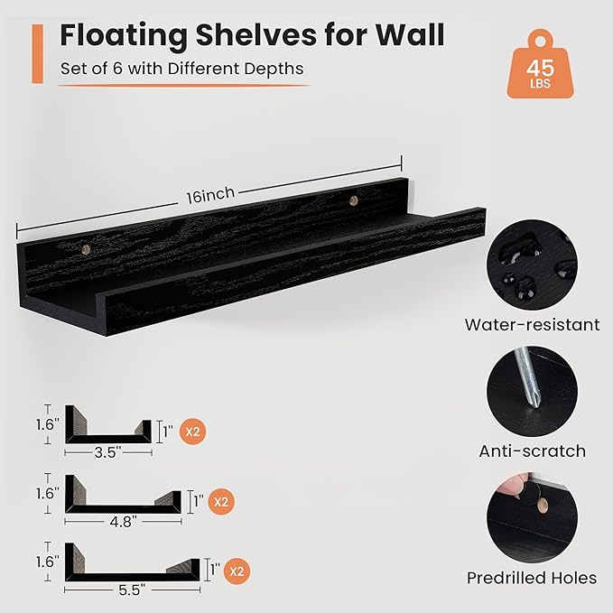 Fun Memories Picture Ledge Shelf, 16 Inch Long Floating Shelves Set of 6, Picture Shelf for Wall with Lip, Large Nursery Book Shelves for Storage, Wall Shelves for Living Room Bedroom Kitchen, Black
