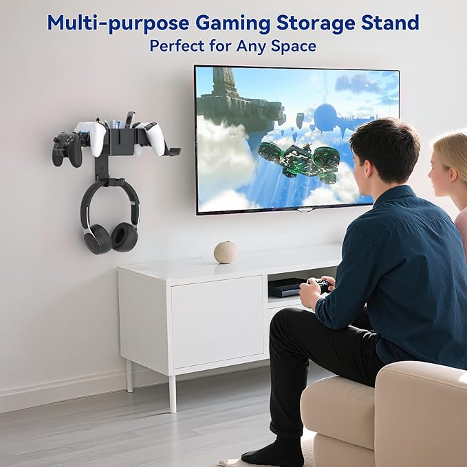 KDD Controller Wall Mount & Headset Holder, Universal Gaming Organizer Stand with Storage Box, Fits Xbox Series X/S, PS4, PS5, Switch, Steam, Gamepad Hanger for Headphones & Accessories