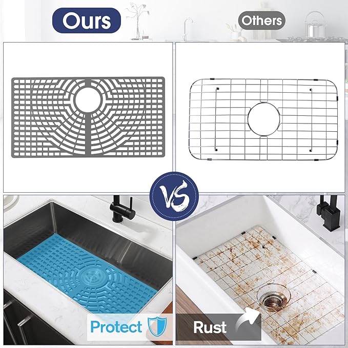 Silicone Sink Protector 30"x16" Rear Drain Hole, Heat Resistant Non-slip Dishwasher Suitable, Large Sink Mat for Bottom of Farmhouse Kitchen Stainless Steel Sinks