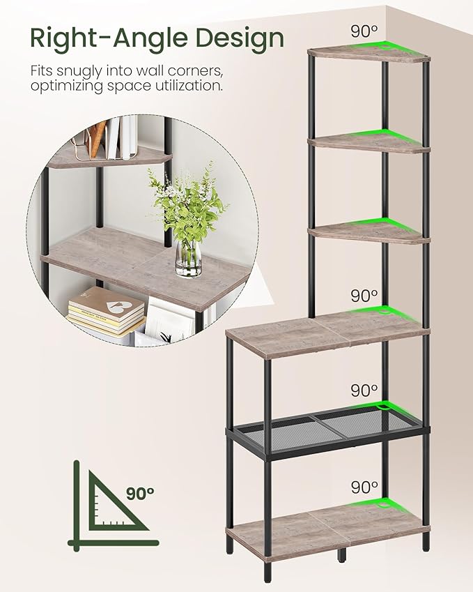 6-Tier Corner Shelf, Industrial Corner Bookshelf with Desk Top, Diamond-Shaped Storage Shelves, Display Stand for Small Spaces, Living Room, Home Office, Foyer, Greige and Black TCJ70BG