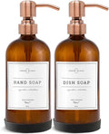 Vine Creations Amber Glass Soap Dispenser, 2 Pack Kitchen Soap Dispenser Set with Stainless Steel Pump, 16 oz Dish Soap and Hand Soap Dispensers for Bathroom with Waterproof Labels