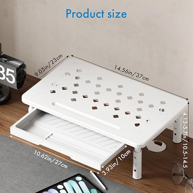 Monitor Stand Riser with Drawer - Adjustable Height (10.5-14.5cm) 3 Gears, Carbon Steel Desk Organizer for Computer/Laptop, Ventilated, Multi-Layer Storage for Office Home (White)