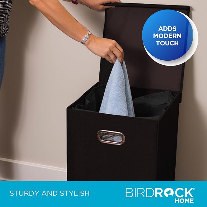 BIRDROCK HOME Single Laundry Hamper with Lid and Removable Liner | Linen | Easily Transport Laundry | Foldable Hamper | Cut Out Handles