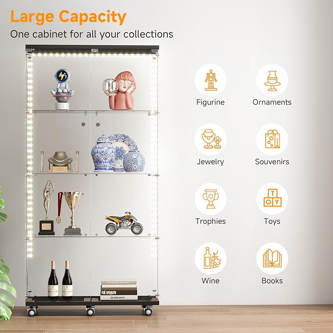 Tempered Glass Display Cabinet with Light Strip, 4-Tier Curio Cabinet with Glass Doors Wheels Locks, Glass Display Case for Collectibles for Living Room, Bedroom, Office, Black, Double Door