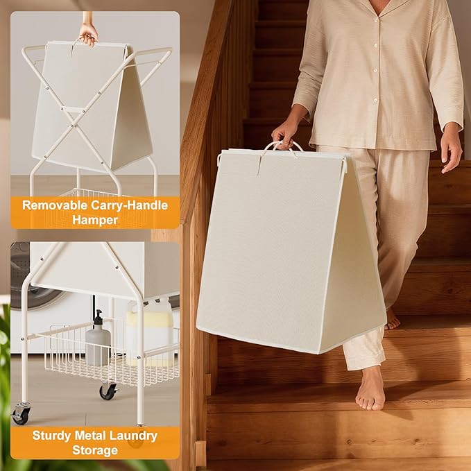 Laundry Basket with Wheels:88L Rolling Laundry Cart Foldable Metal Frame Dirty Clothes Laundry Hamper 36"H 4 Caster 2 Brake Waterproof Removable Liner Carry Handle for Dorm Laundry Room,Cream