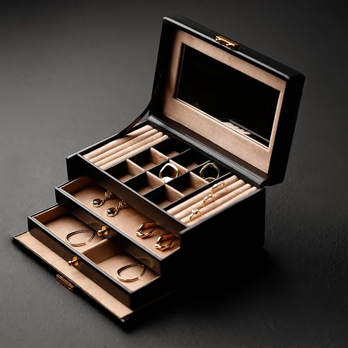 Time Resistance Jewelry Box - Full Grain Leather Jewellery Organizer - Accessories Storage Key Lock - Jewellery Box (Black)