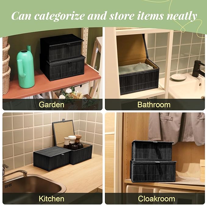 Wicker Basket With Lid Bamboo Storage Box for Shelf Bamboo Decor Storage Boxes With Lids-Rectangle Decorative Basket With Lid Organizer for Bedroom,Living Room (Set of 4,black)