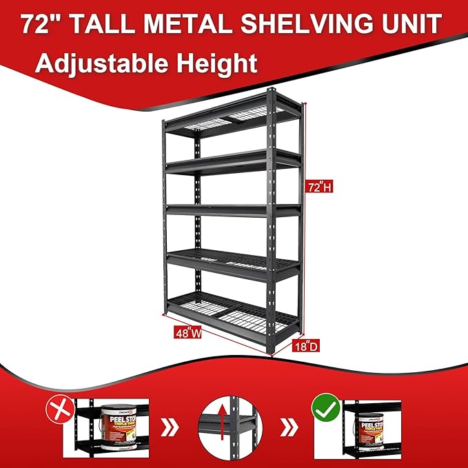 The Atlas 48" W Heavy Duty Garage Shelving Load 10000lbs, 5 Tier Metal Storage Shelves, Adjustable Industrial Rack for Warehouse Basement Shop, 48" W x 18" D x 72" H