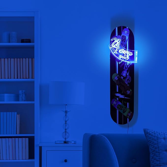 Light Up Skateboard Wall Mount, Acrylic Skateboard Rack with Skateboarding Pattern Blue LED Lights for Trick(Street or Vert) Board Longboard Penny board Storage and Display, Skater Gifts