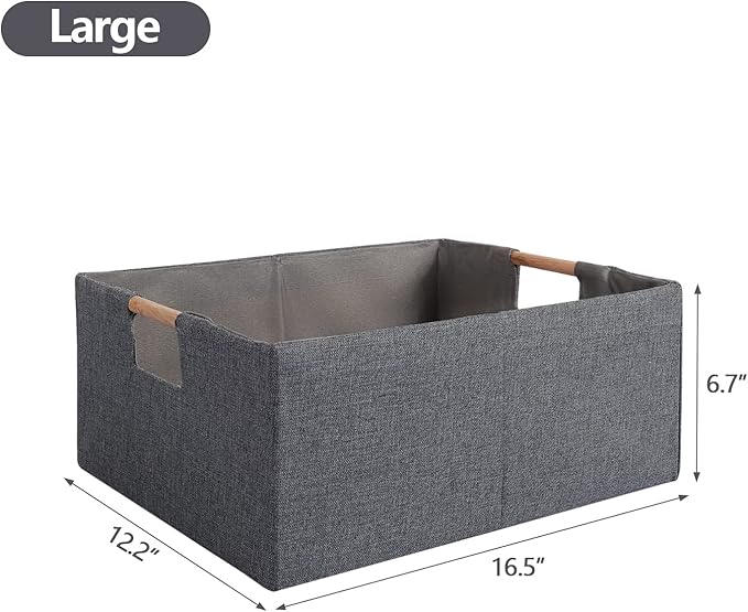 Fabric Storage Bin 3 Pack Foldable Cotton Linen Storage Basket with Wooden Handles Rectangular Cube Box - Gray, Large
