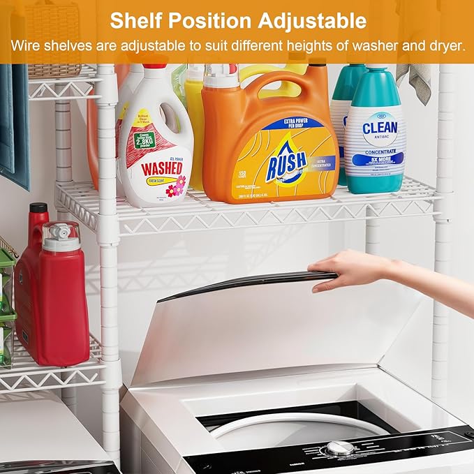 U14 Medium Over the Washer and Dryer Shelves, 4 Tiers Laundry Room Storage and Organizer System, Space Saving Clothes Drying Rack with 2 Clothes Hanger Rods, 57.8"W x 20.5"D x 77.4"H, White