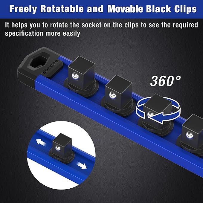 WORKPRO Magnetic Socket Organizer, 1/2-Inch Drive Aluminum Alloy Socket Rail, Heavy Duty Socket Holder, Socket Rack Kit 1/2-Inch x 10 Clips (Blue)