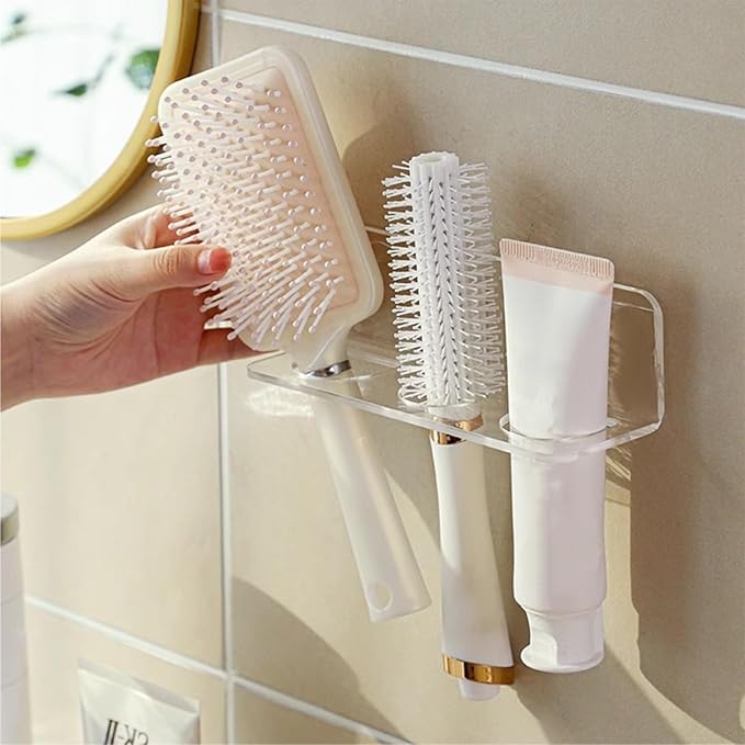 Hair Brush Holder, Hair Brush Organizer with 3 Holes, Wall Mounted Transparent Storage Holder, No Drilling, for Combs, Curling Irons, Flat Irons