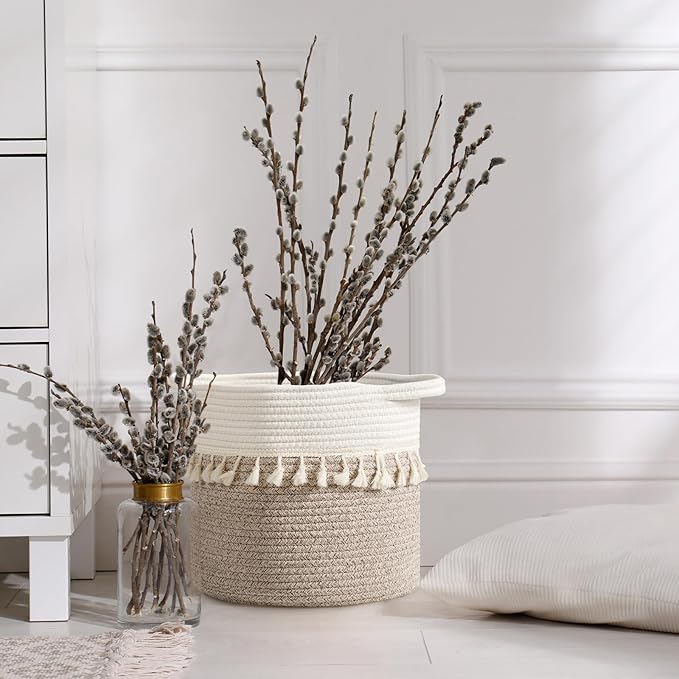 danpinera 11 Inch Storage Baskets Set of 3, Cotton Woven Baskets for Storage with Strong Handles & Stylish Tassel, Storage Bins, Decorative baskets for shelves, Nursery, Laundry, White & Mixed Brown