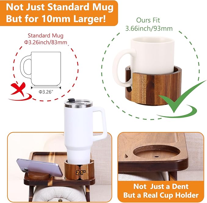 Couch Armrest Table Acacia with 360°Rotating Phone & Cup Holders,15.4" x 9.8", 3-in-1 Sofa Arm Tray Clip-On Couch Tray for Drinks & Snacks