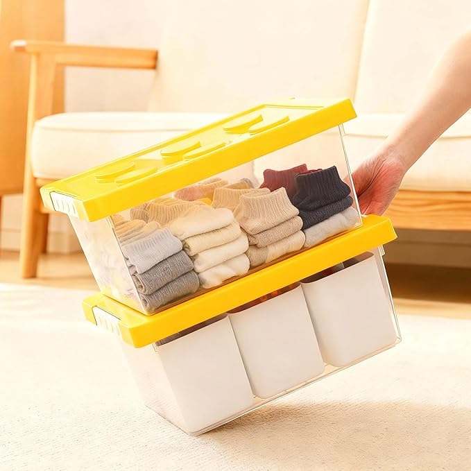 loobuu Plastic Storage Bins with Lids, Art Craft Supply Organizer Box with Brush Pot, Multipurpose Stackable Storage Containers for Organizing Tool, Craft, Crayon,Sewing(Yellow)