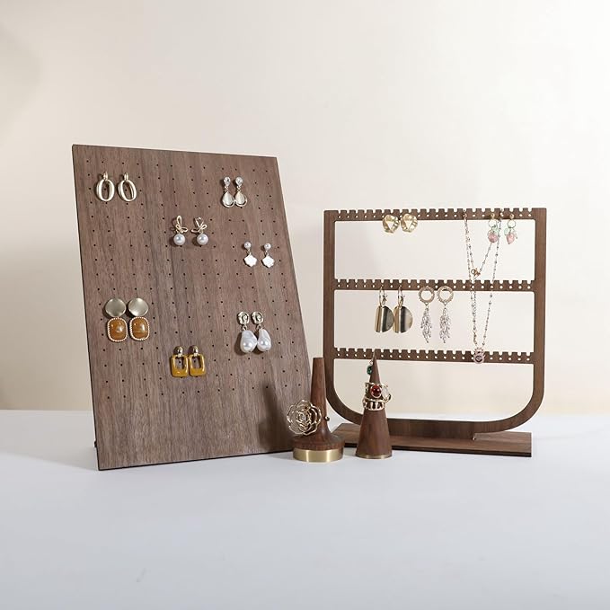 GemeShou Walnut earring display stand for selling, jewelry studs storage organizer for show, earring holder board with 204 holes【Earring board】