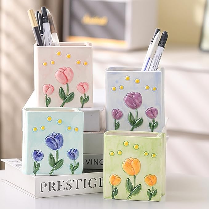 Book Vase Tulip Pencil Cup Pen Holder For Office Desk Decorative Books Pink Flower Vase Cute Toothbrush Holders Home Decor Teacher Book Gifts for Women Small Makeup Brushes Holder