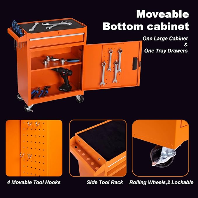 Tool Chest, 5-Drawer Rolling Tool Storage Cabinet with 2 in 1 Detachable Top Tool Box, Liner, Lockable Wheels, Side Hooks,Metal Tool Cart for Garage (5-Drawer Orange)