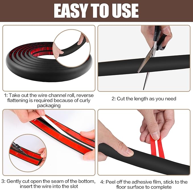 Floor Cord Cover Self Adhesive Cord Hider,20FT Cable Management, Extension Strip Protector for Wires, Prevent Cable Trips for Offices, Gyms, Exhibitions Cavity:0.39"(W) x 0.27"(H) Black